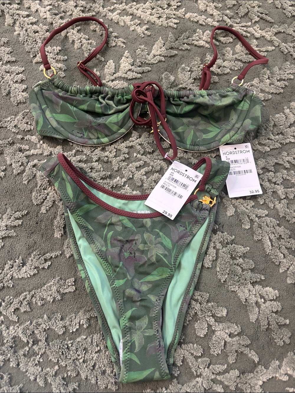 PacSun Green Leaf Print Bikini with Burgundy Trim